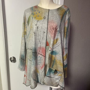 NWT Jess And Jane Women’s Blouse Grey Floral Print Heathered Fab…